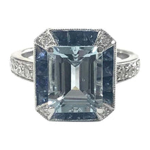 Load image into Gallery viewer, Art Deco Style Aquamarine, Sapphire and Diamond Cluster Cocktail Ring
