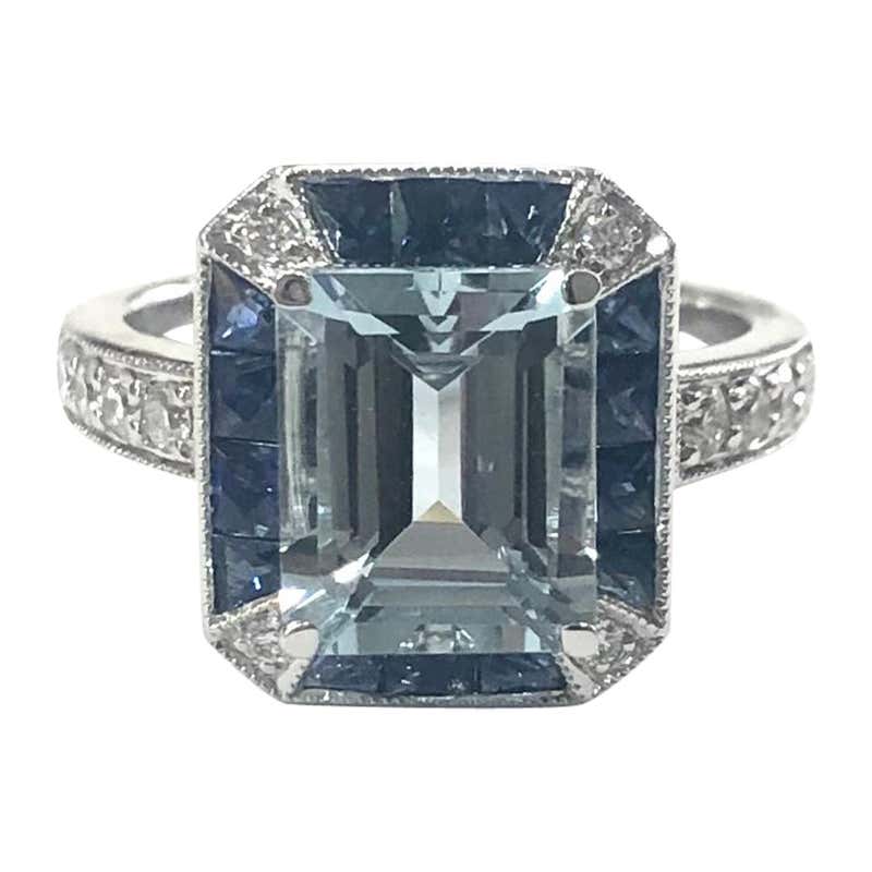 Art Deco Style Aquamarine, Sapphire and Diamond Cluster Cocktail Ring