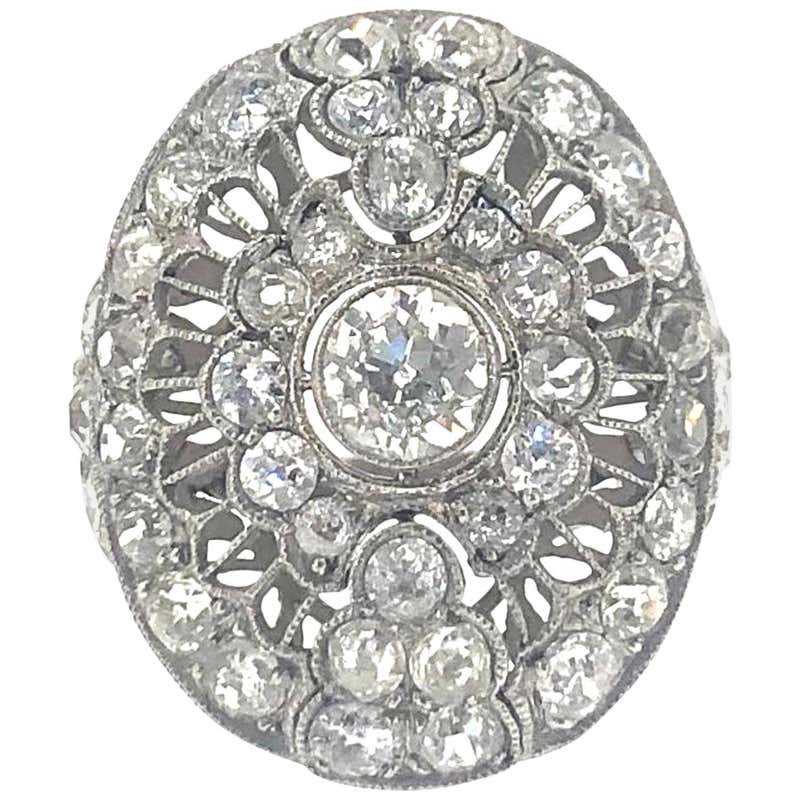 Art Deco Old Cut Diamond Cluster Ring in Platinum