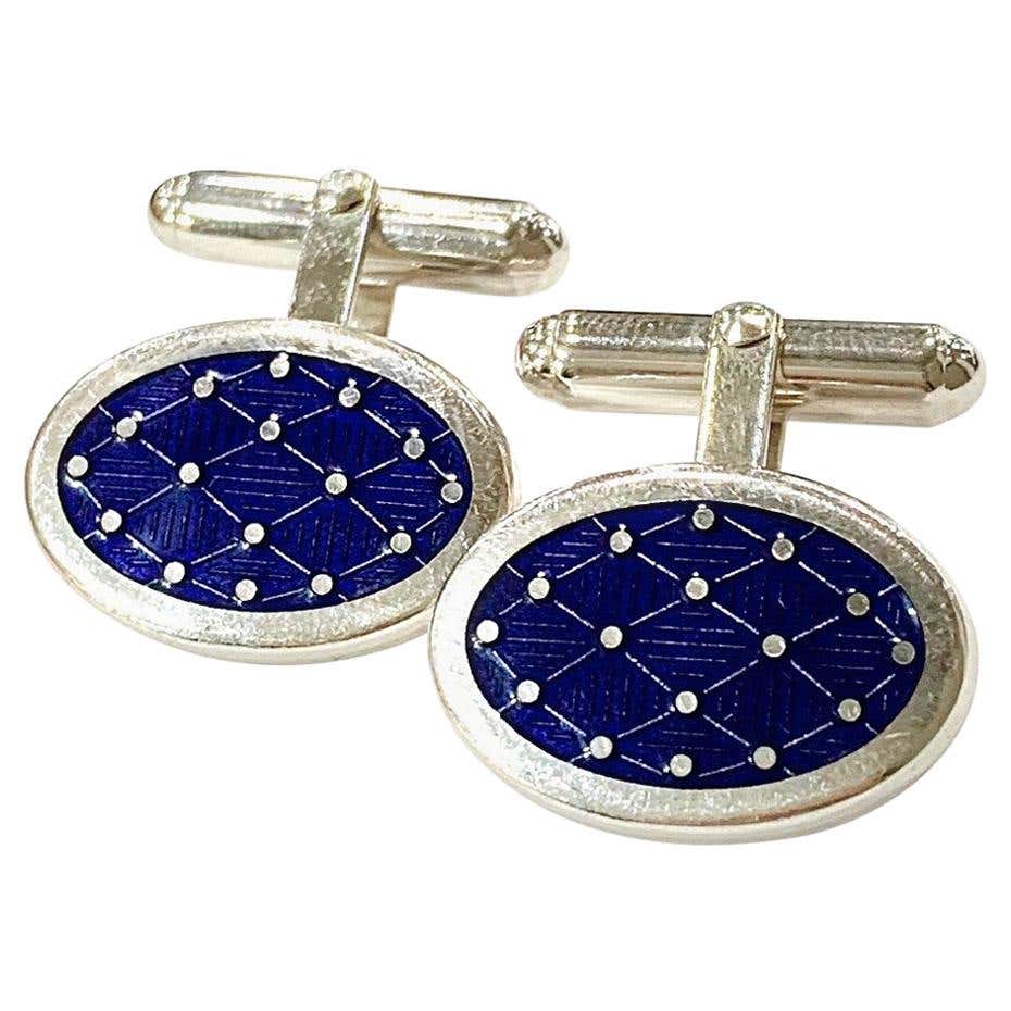 Navy Blue Solid Silver and Enamel Hinged Cufflinks