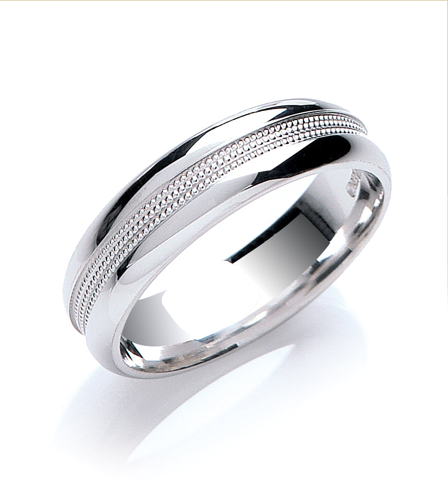 Court Shape Mill Grain Detail Wedding Ring