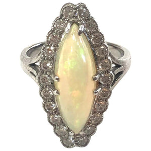 18 Carat White Gold Edwardian Opal and Diamond Marquise Shape Cluster Ring