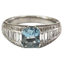 Load image into Gallery viewer, 18 Carat White Gold Aquamarine and Baguette Diamond Ring
