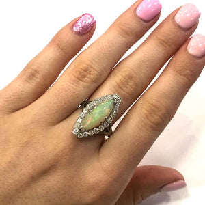18 Carat White Gold Edwardian Opal and Diamond Marquise Shape Cluster Ring
