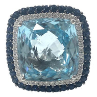 1970s Blue Topaz, Sapphire and Diamond Cluster Cocktail Ring