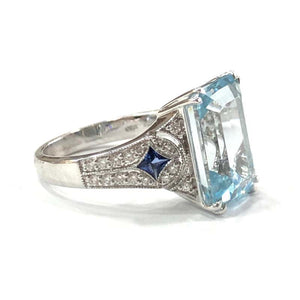 18 Carat White Gold Aquamarine, Sapphire and Diamond Ring