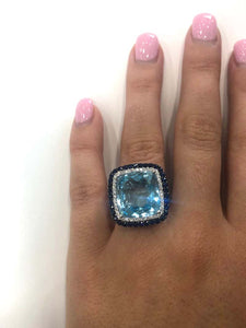 1970s Blue Topaz, Sapphire and Diamond Cluster Cocktail Ring